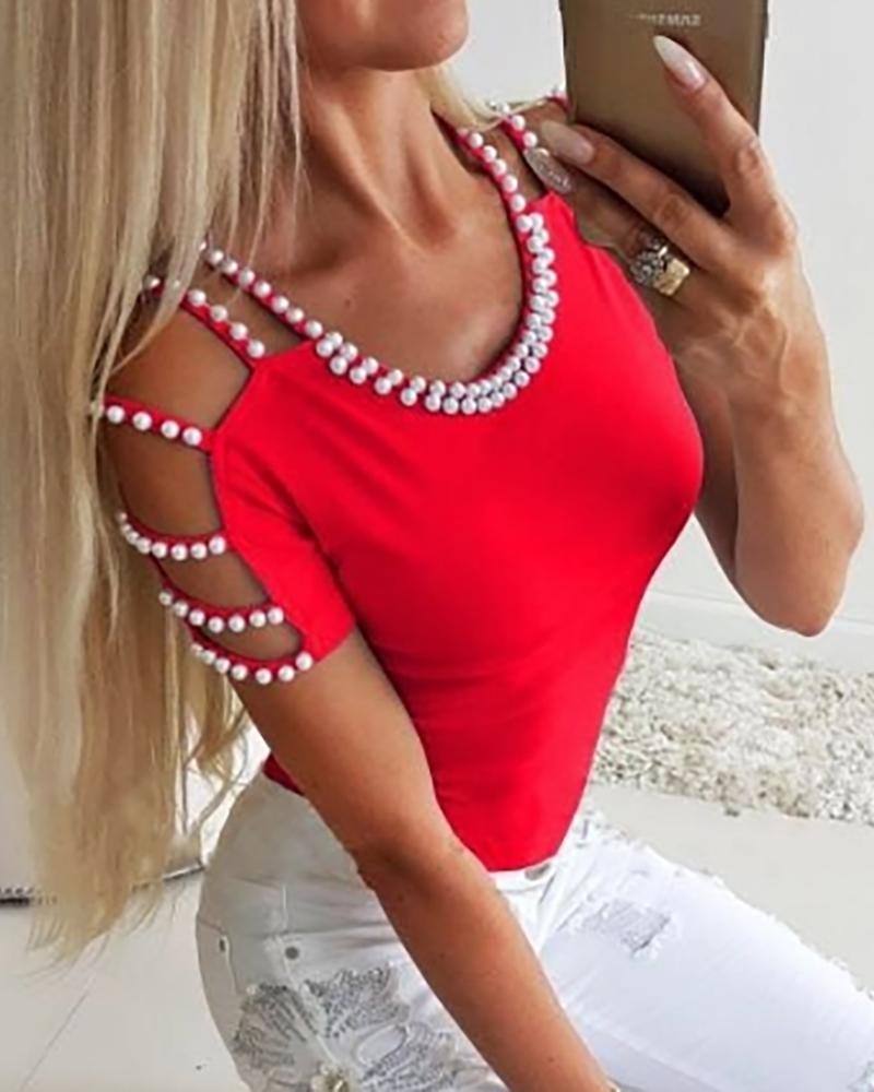 

Beaded Embellished Cold Shoulder Top, Red