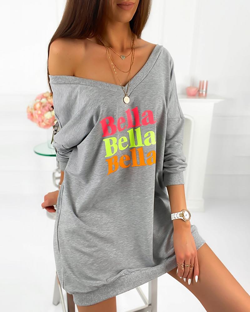 

Letter Print Long Sleeve Casual Sweatshirt Dress, Gray