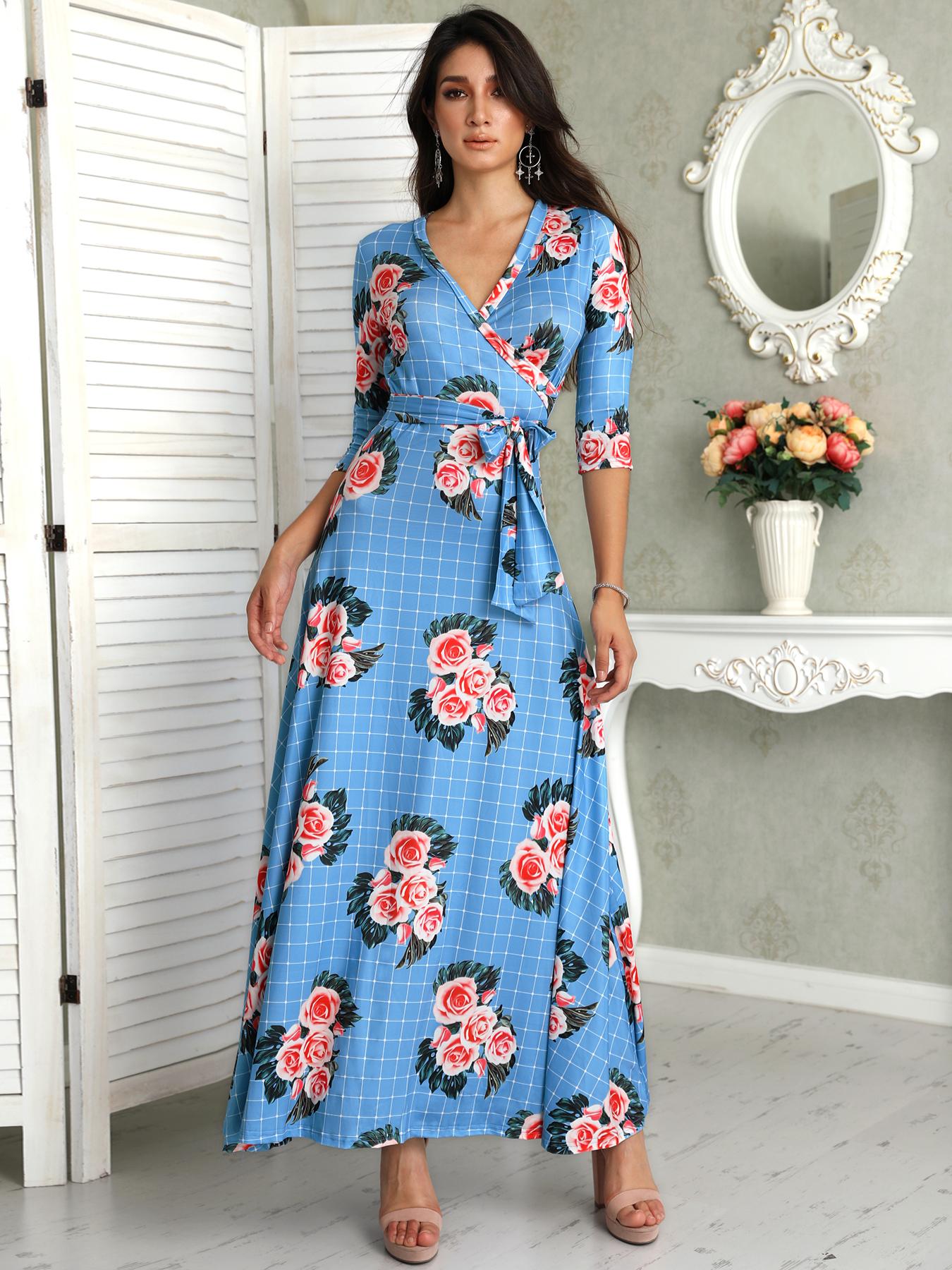 

Floral Grid Pattern Belted Wrap Maxi Dress, Blue