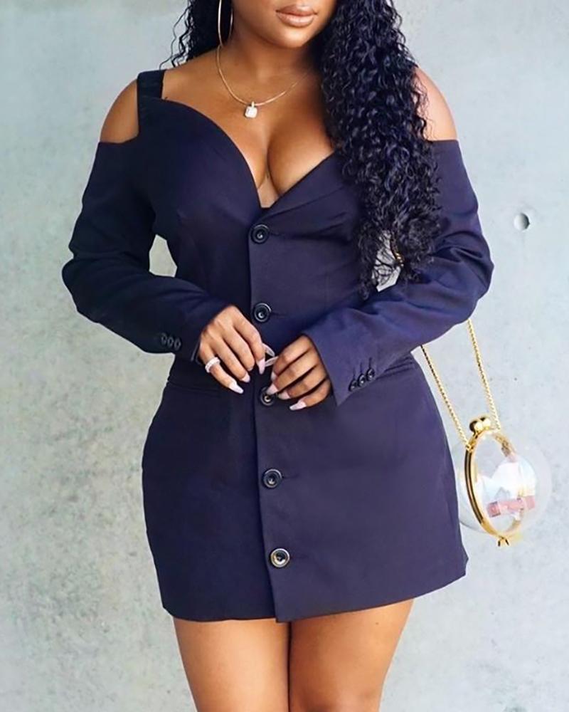 

Solid Cold Shoulder Buttoned Design Dress, Purplish blue