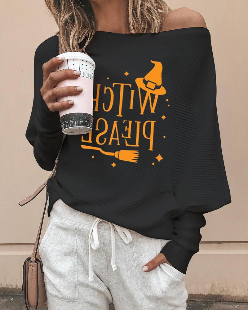 

Halloween Letter Print Long Sleeve Casual Top, Black