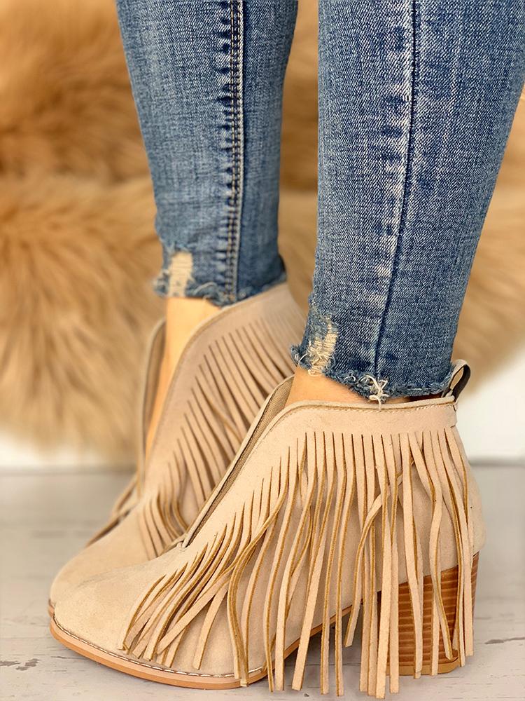 

Tassel Embellished Chunky Heeled Boots, Apricot