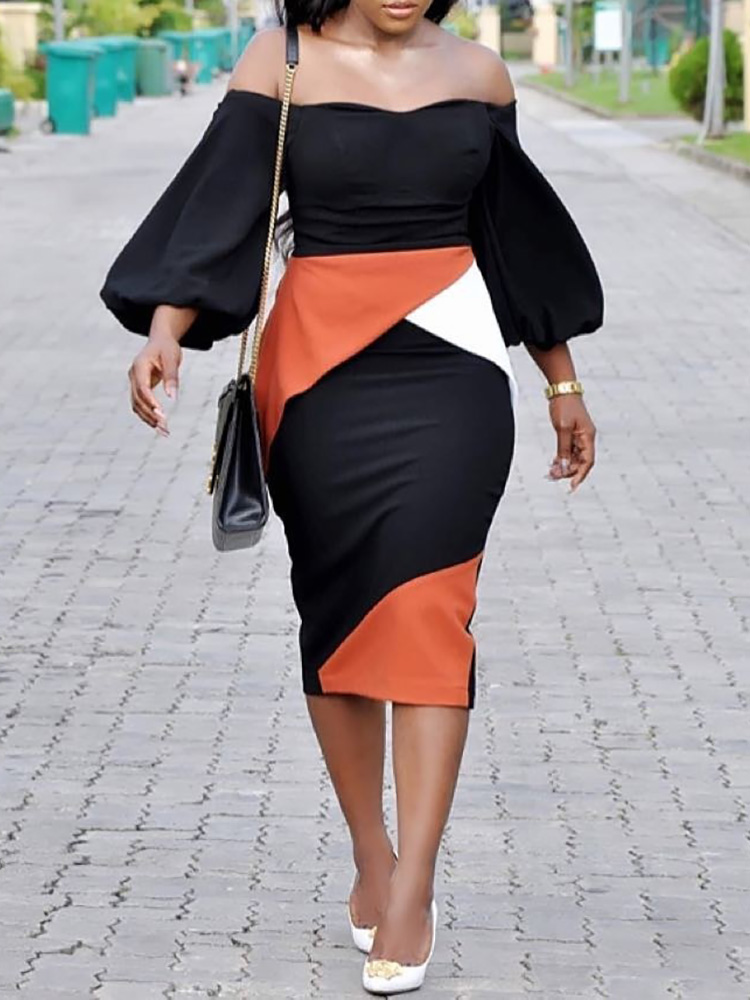 

Colorblock Off Shoulder Lantern Sleeve Bodycon Dress