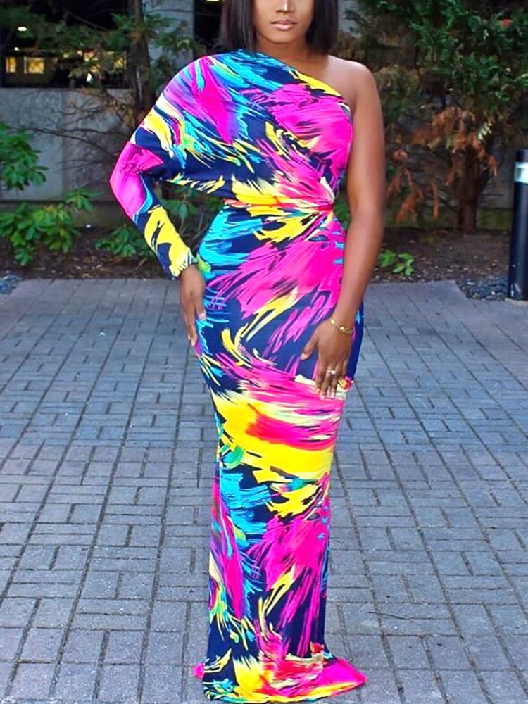 

Abstract-color One Shoulder Maxi Dress, Multicolor
