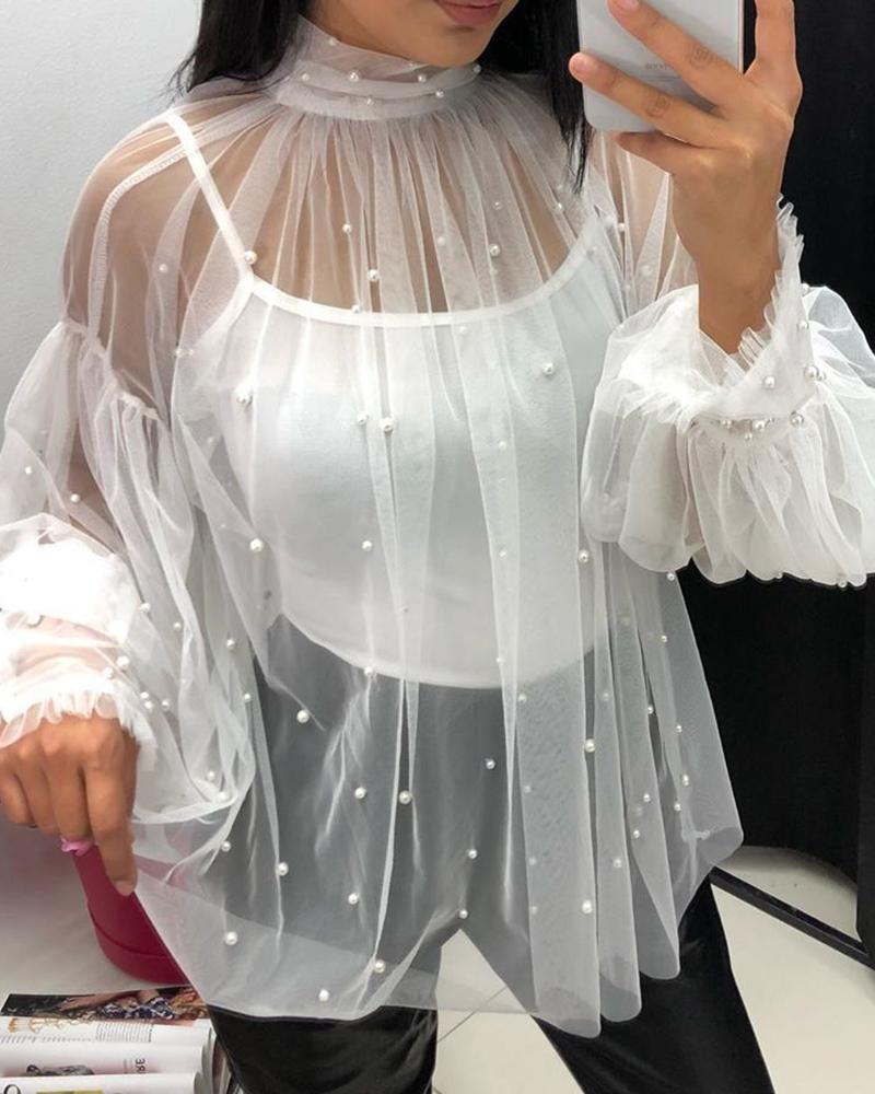 

Sheer Mesh Beaded Lantern Sleeve Blouse, White