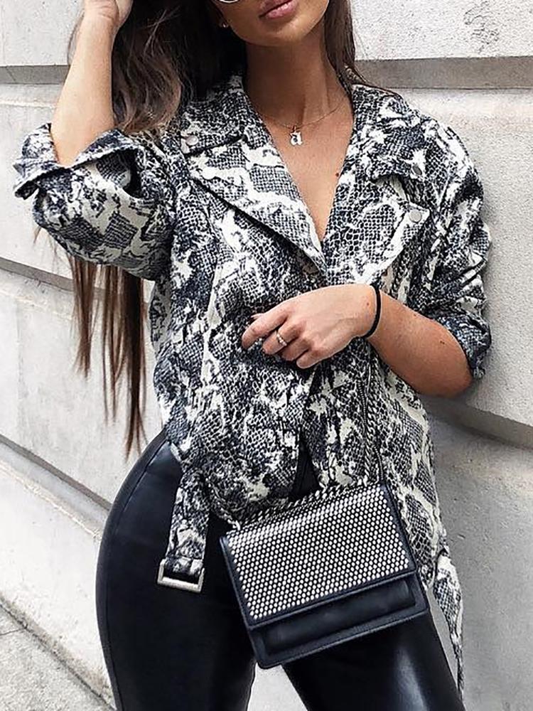 

Snakeskin Long Sleeve Belted Jacket, Black