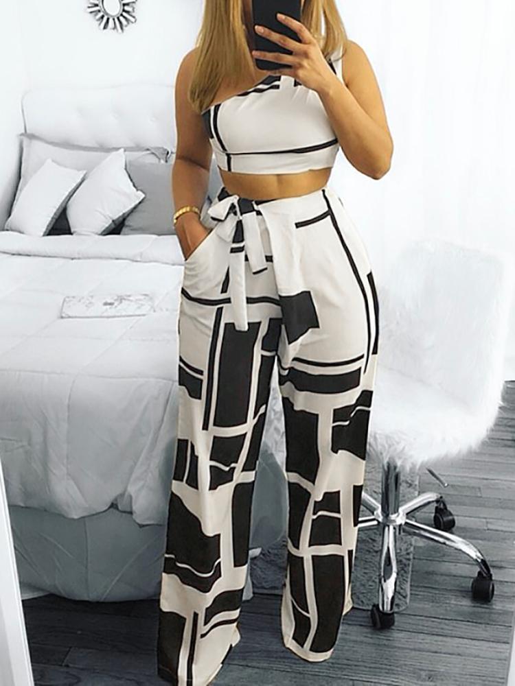 

Contrast Color One Shoulder Tie Waist Pants Set, White
