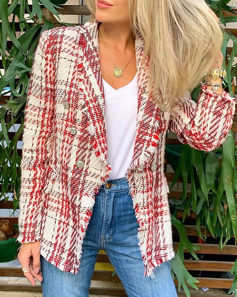 

Notched Collar Double-breasted Plaid Blazer, Red