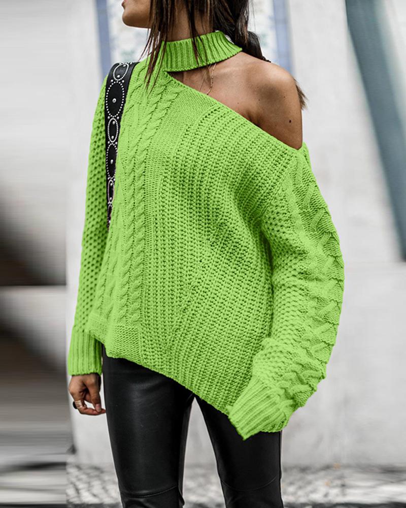 

One Shoulder Halter Neck Sweater, Green