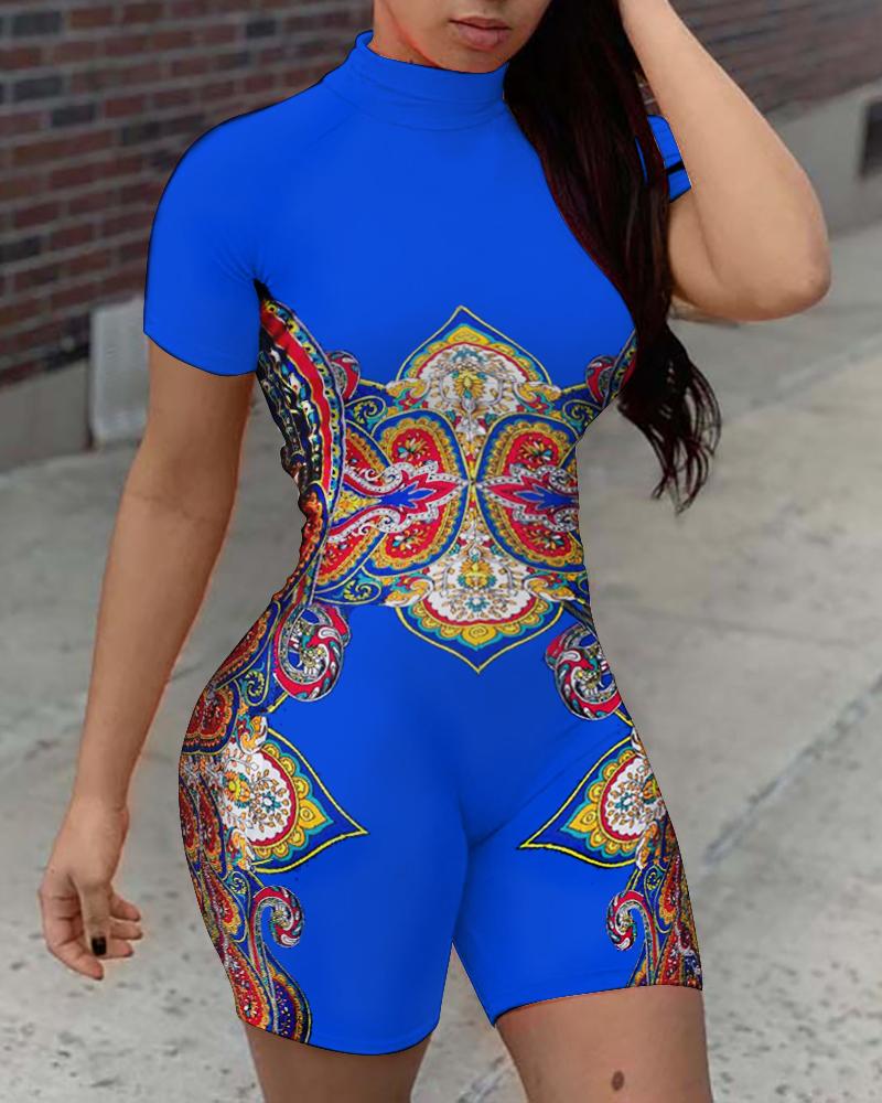 

Print Mock Neck Short Sleeve Romper, Blue