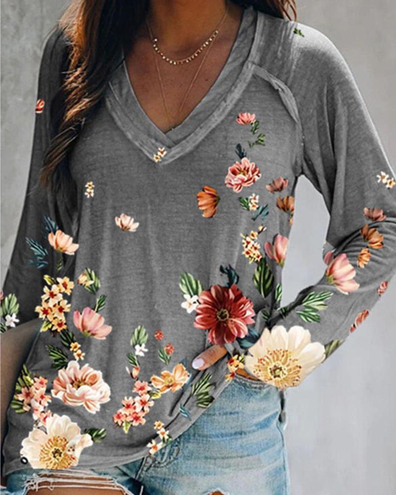 

Floral Print Long Sleeve Blouse, Gray