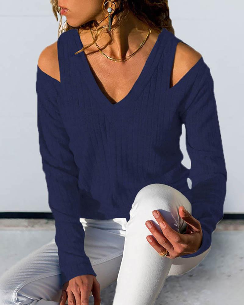 

Solid V-Neck Cold Shoulder Blouse, Blue