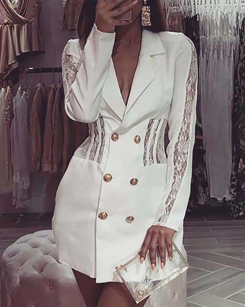 

Notched Collar Lace Insert Long Sleeve Double-breasted Blazer Dress, White