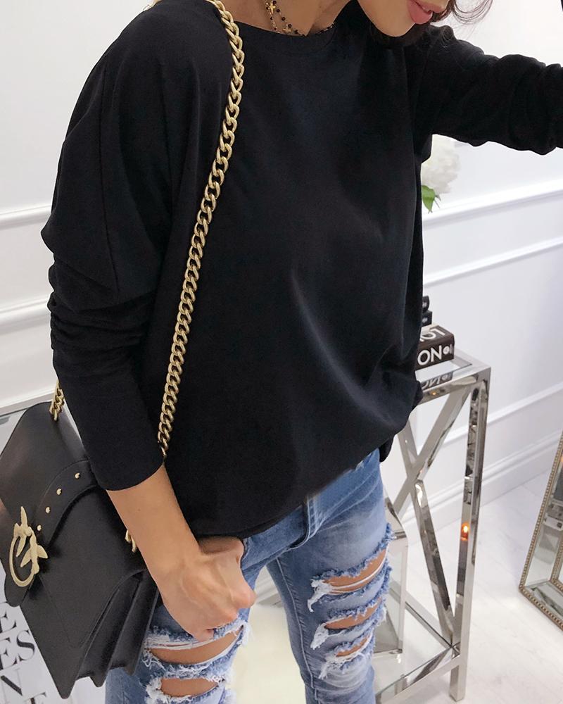 

Solid Round Neck Long Sleeve Casual Blouse, Black