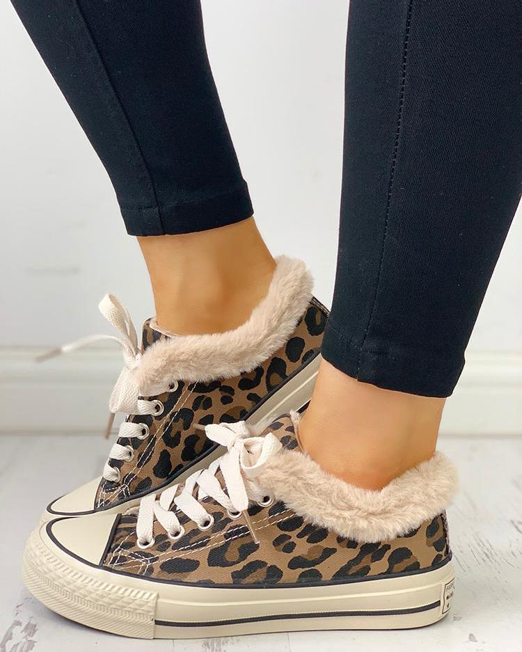 

Fluffy Leopard Lace-Up Low Top Sneakers