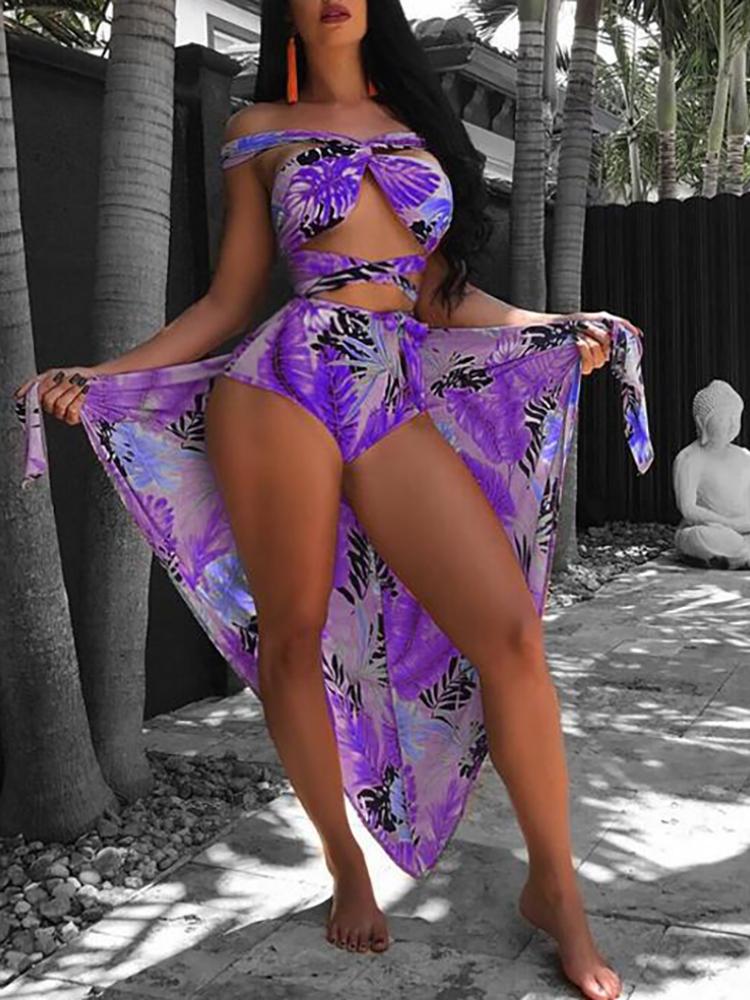 

3PCS Print Crisscross Bandage Tankini Set With Cover Up