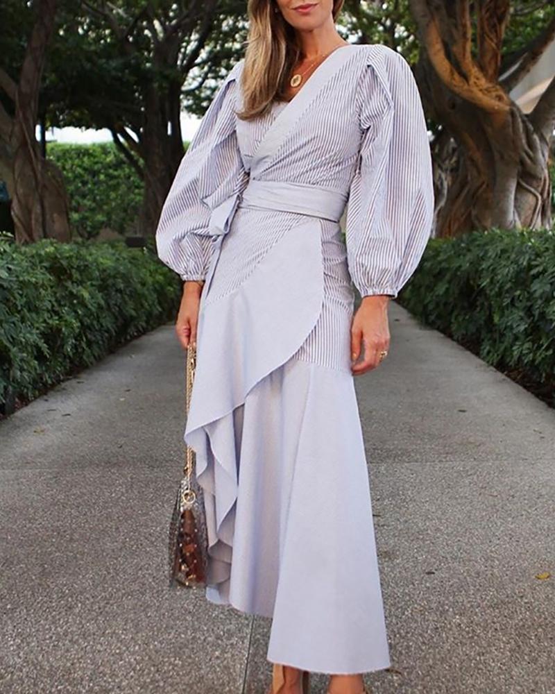 

Pinstripes Lantern Sleeve Tight Waist Ruffles Dress, Light purple