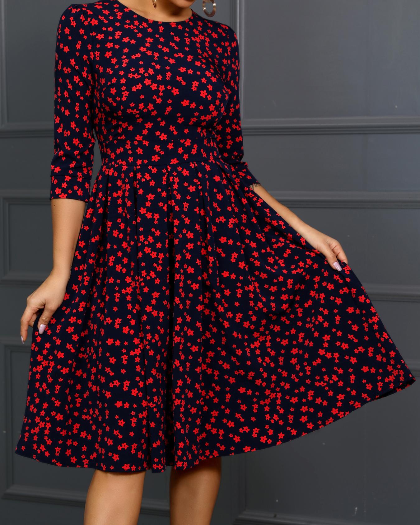 

Round Neck Floral Print Midi Dress, Red