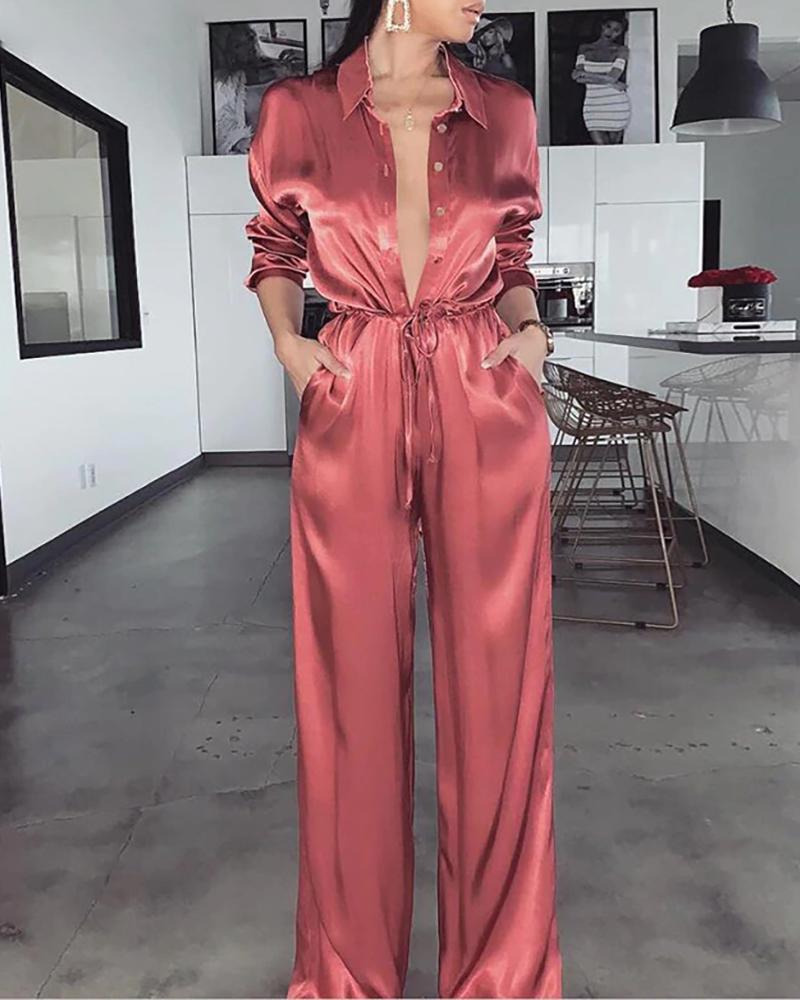 

Solid Turn-down Collar Buttoned Jumpsuit, Pink