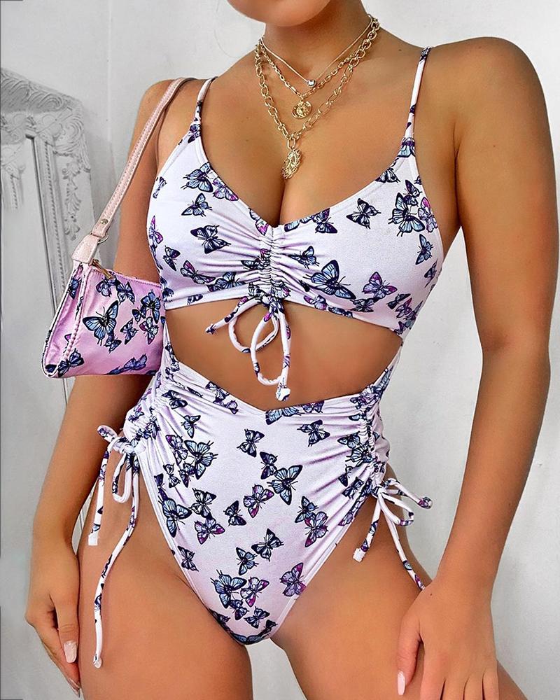 

V-neck Butterfly Print Cut Out Bodysuit, Multicolor