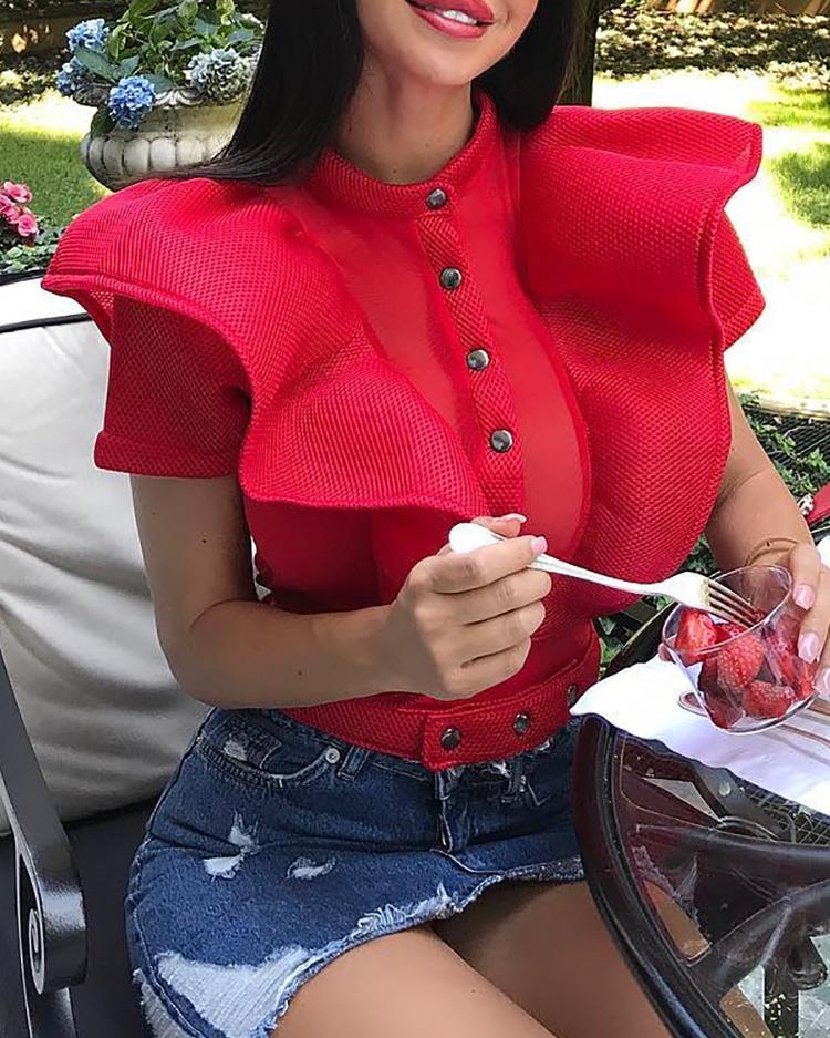 

Stylish Ruffles Button Semi Sheer Romper, Red