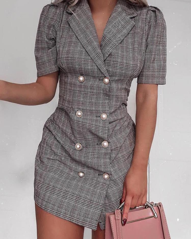 

Plaid Double Breasted Blazer Dress, Gray