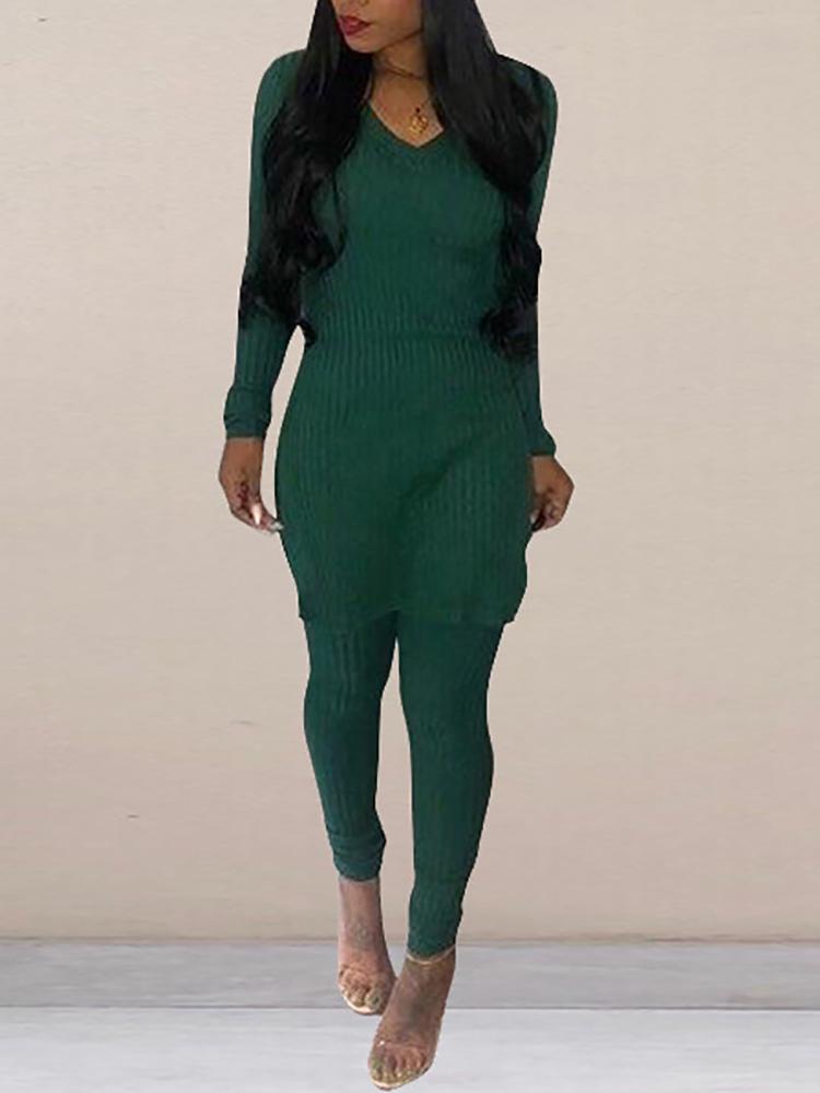 

Solid Long Sleeve V-Neck Top & Pant Sets