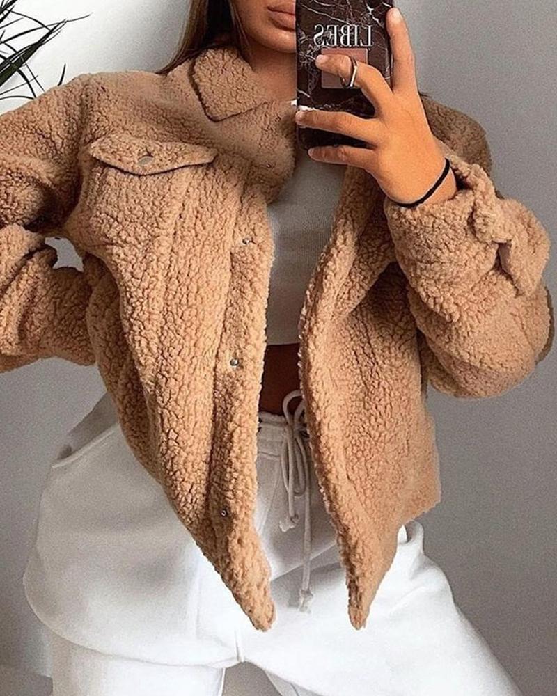 

Fleece Solid Buttoned Pocket Design Casual Coat, Khaki