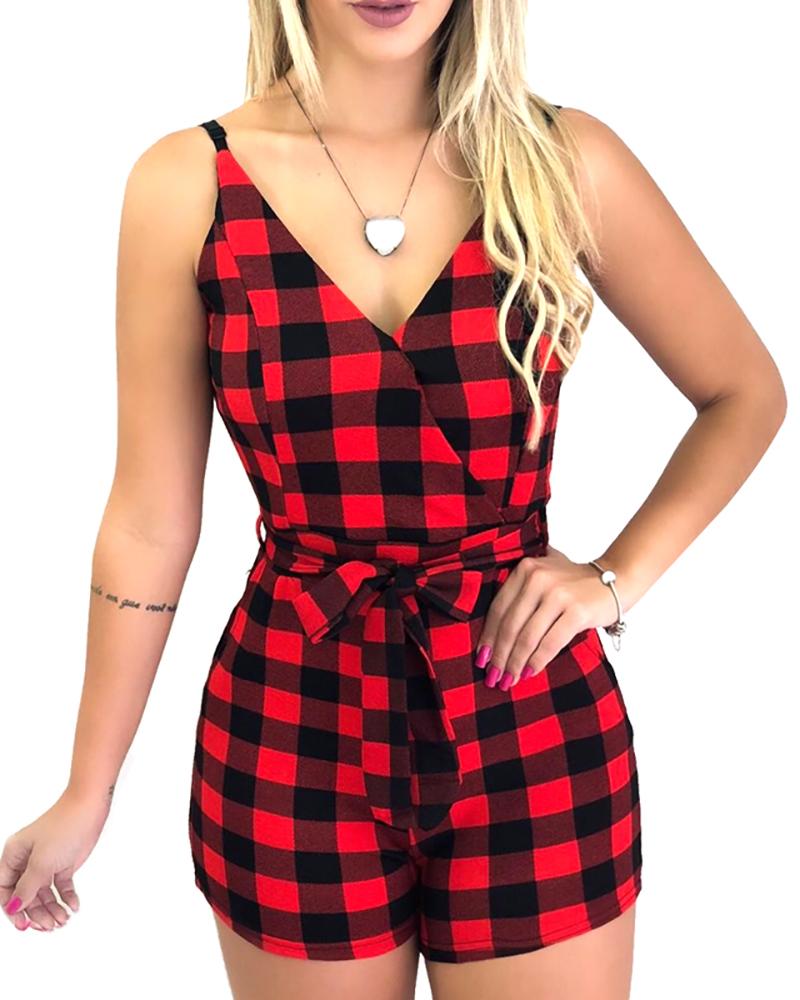 

Spaghetti Strap Grid Belted Romper, Red