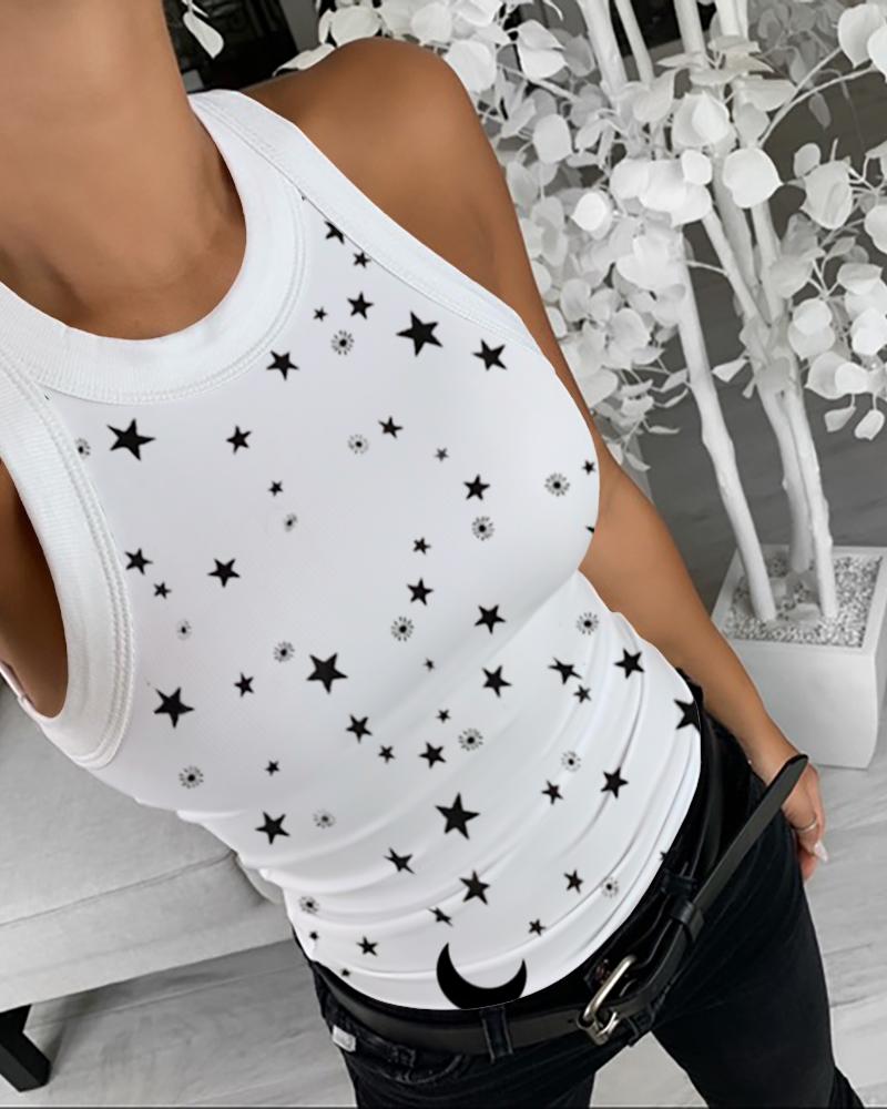 

Stars Print Round Neck Tank Top, White