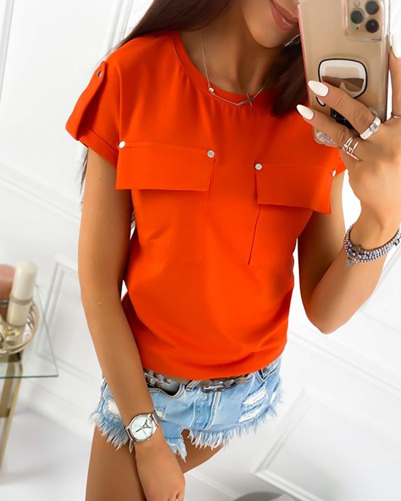 

Solid Round Neck Pockets T-shirt, Orange