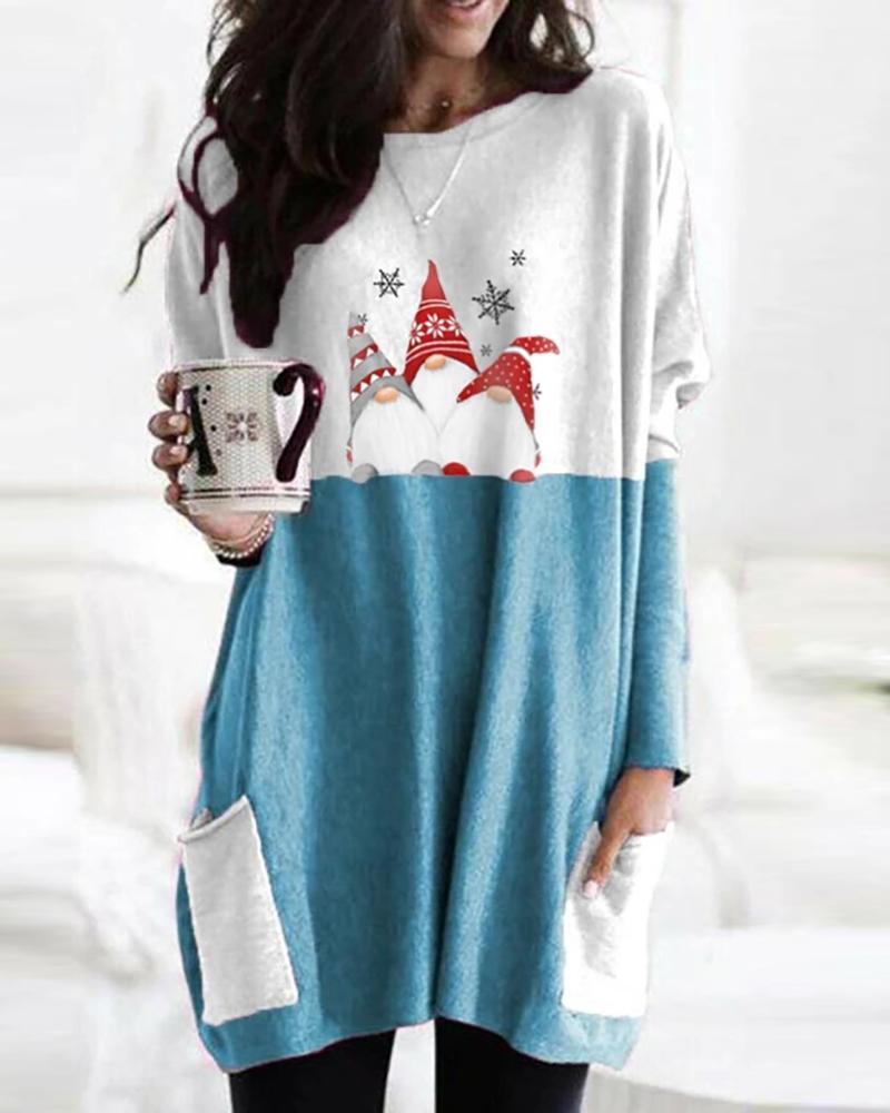 

Santa Print Colorblock Pocket Design Casual Sweatshirt, Blue