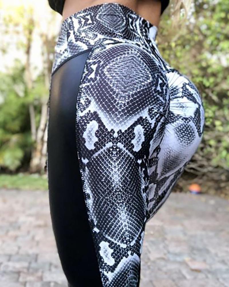 

Snakeskin Print Elastic High Waist Leggings, Black