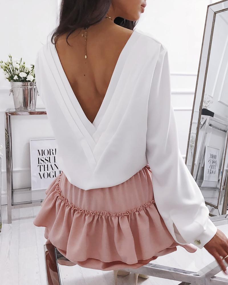 

Solid Long Sleeve Backless Casual Blouse