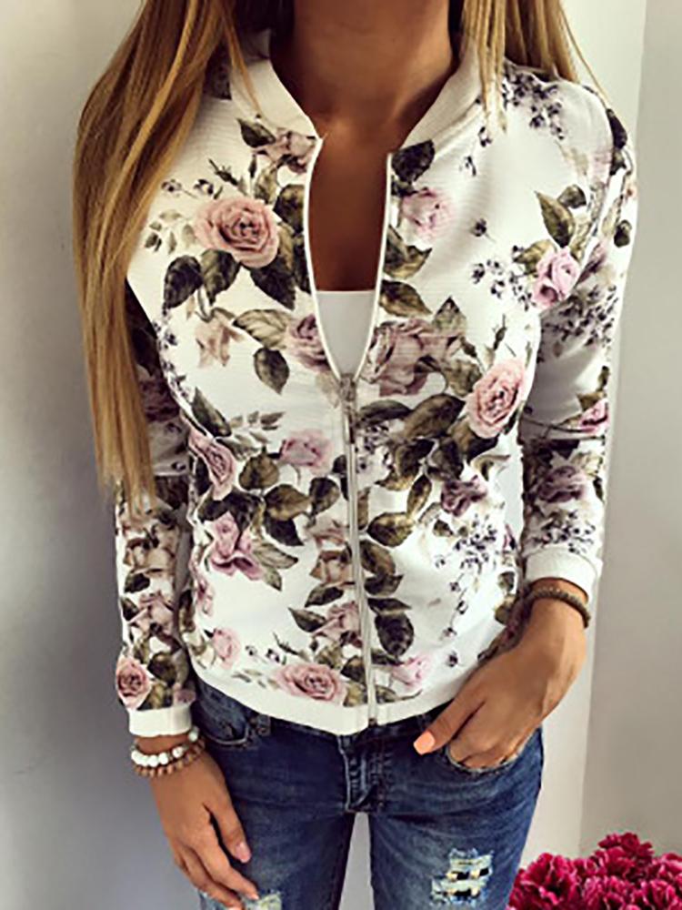 

Floral Print Long Sleeve Zipper Up Jacket, White