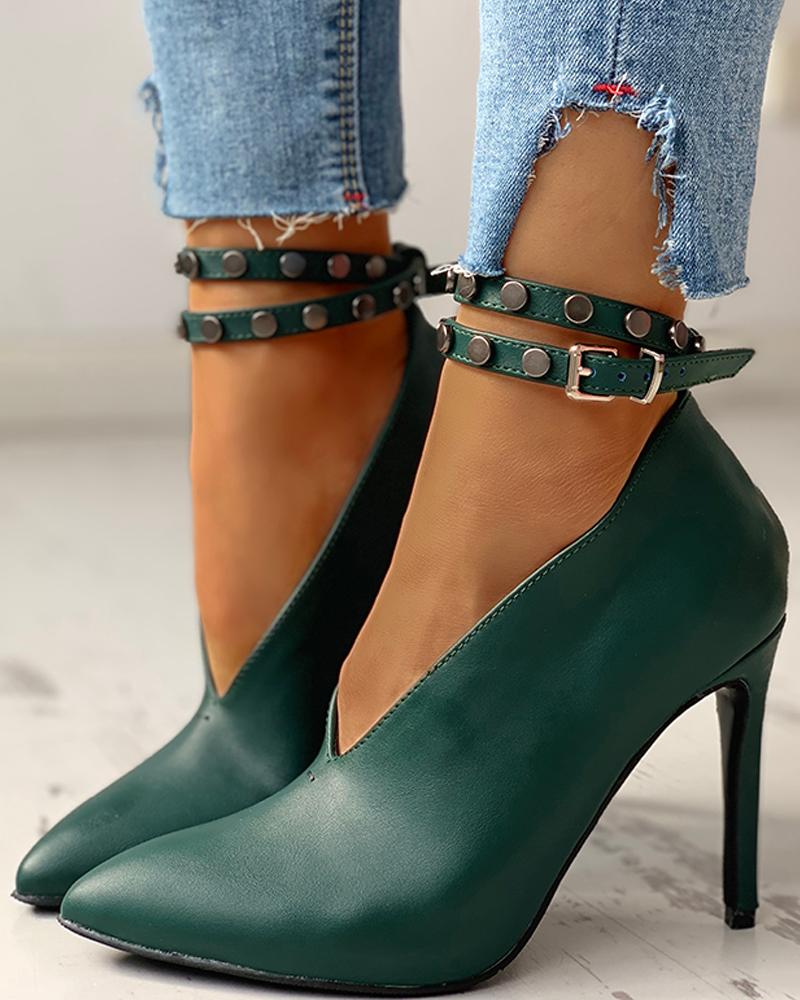 

Pointed Toe Rivet Strap Thin Heels, Green