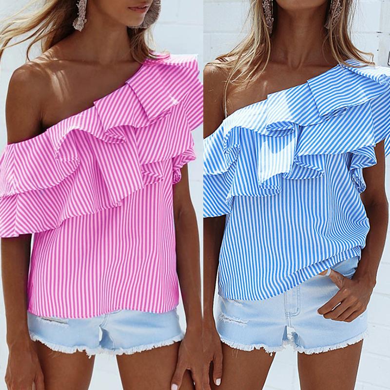 

Trendy Ruffled Skew Neck Striped Blouse, Pink;blue