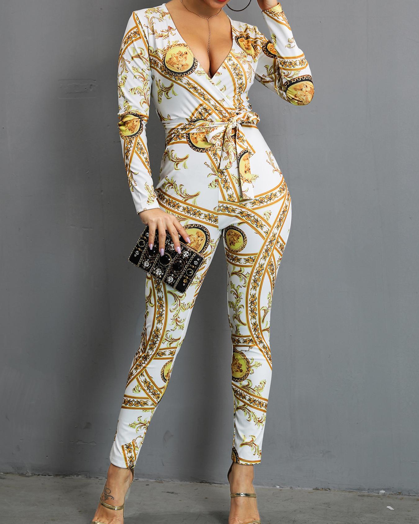 

Plunging Scarf Print Belted Jumpsuit, White