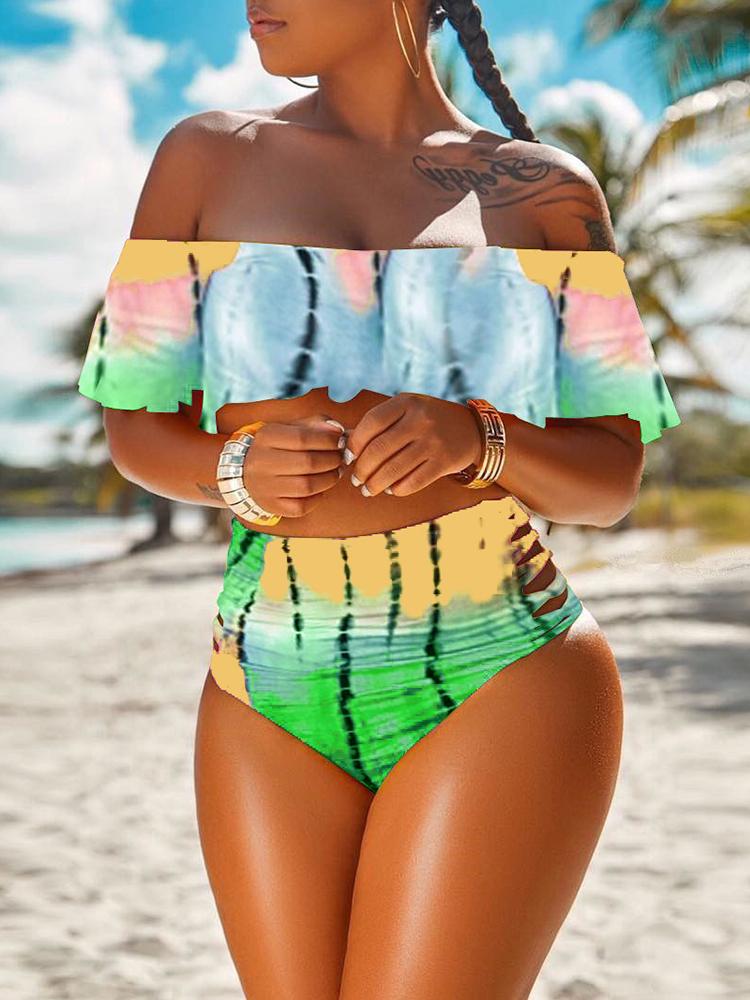 

Tie Dye Print Ruffles Ladder Cut Out Bikini Set