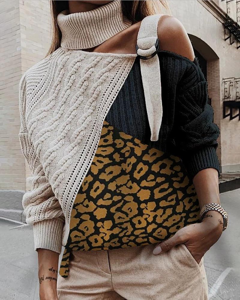 

High Neck Colorblock Leopard Cut Out Knitting Sweater, Black