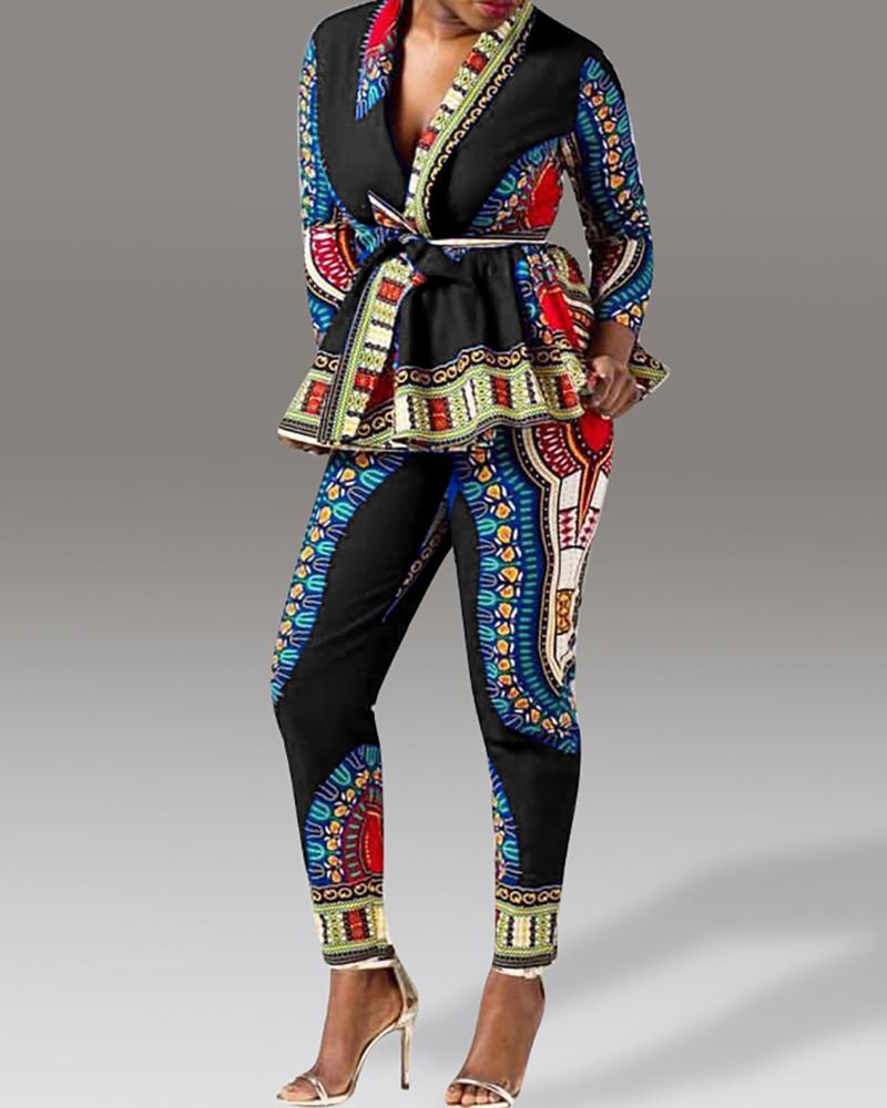 

Print Tied Peplum Top & Pant Sets, Black