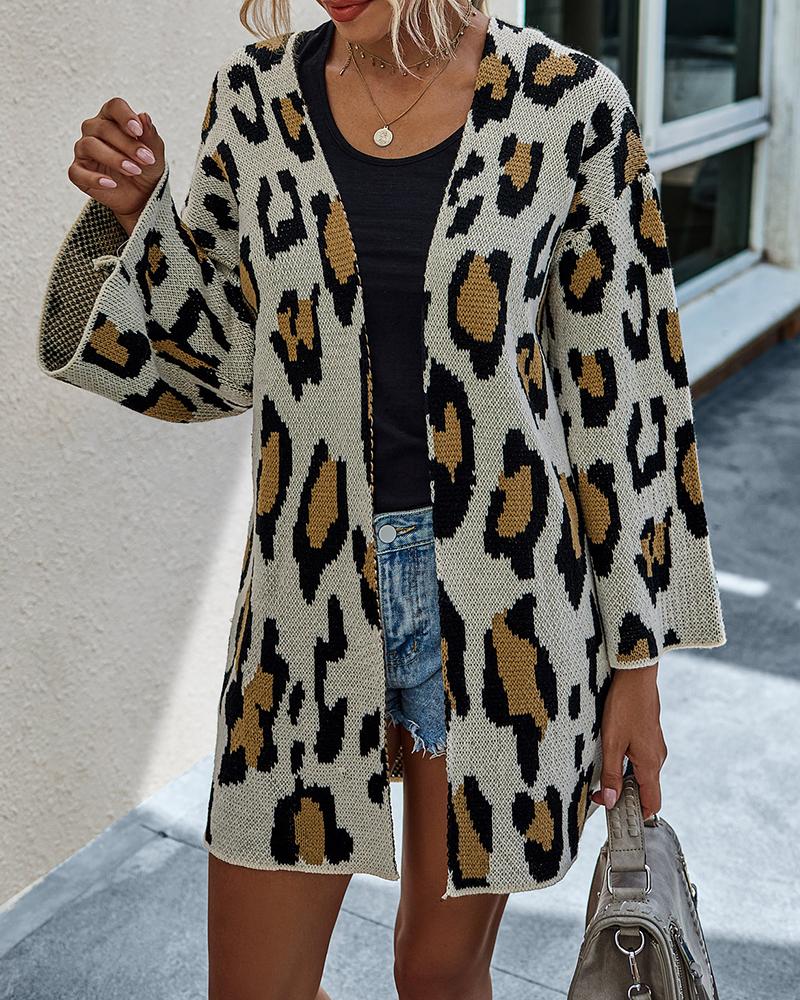 

Cheetah Print Knit Long Sleeve Cardigan, Leopard