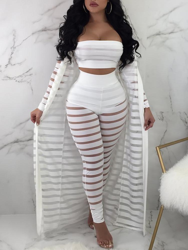 

Striped Mesh Strapless Top & Pants & Cardigan Set