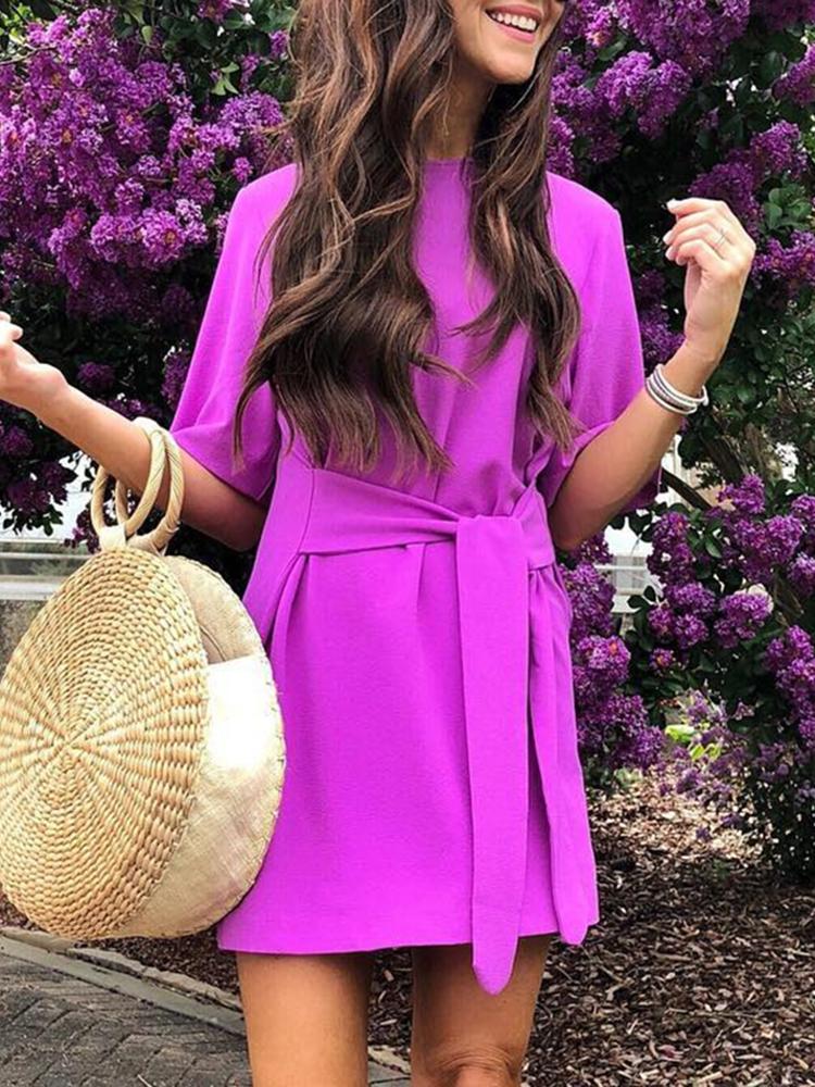 

Solid Round Neck Tie Waist Casual Dress