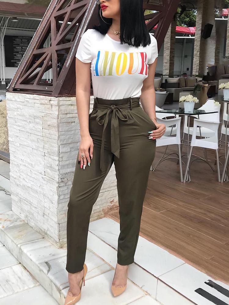 

Solid Self Belted Pocket Pencil Pants