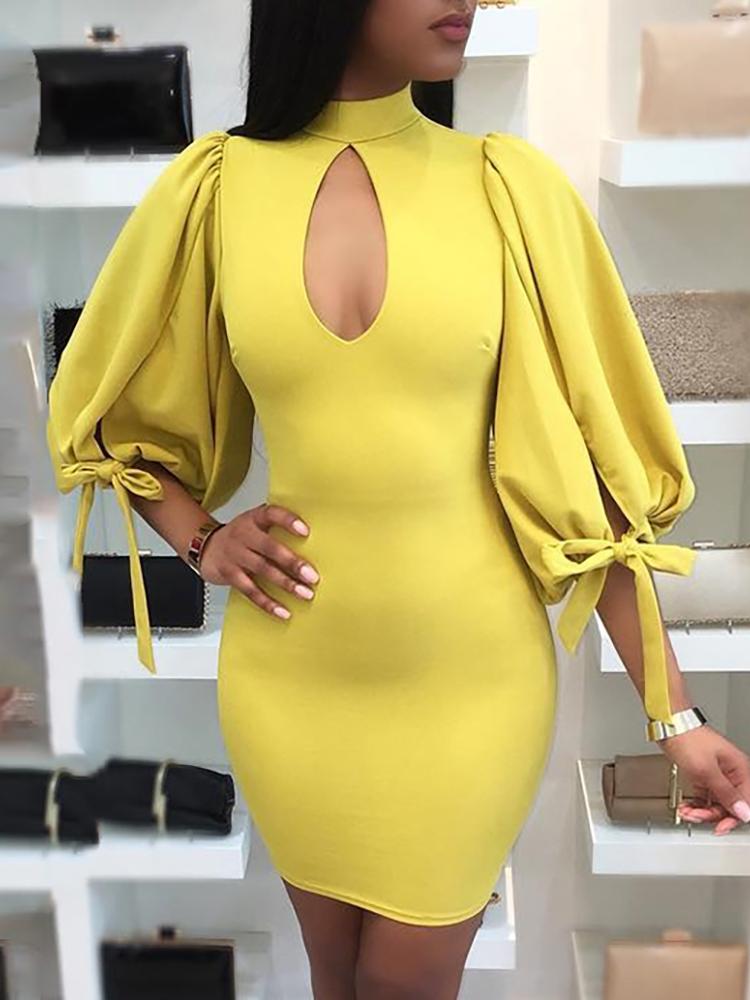 

Lantern Sleeve Keyhole Bodycon Dress, Yellow