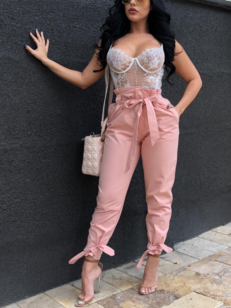 

Frill Waist Belted Tied Ankle Pants, Pink