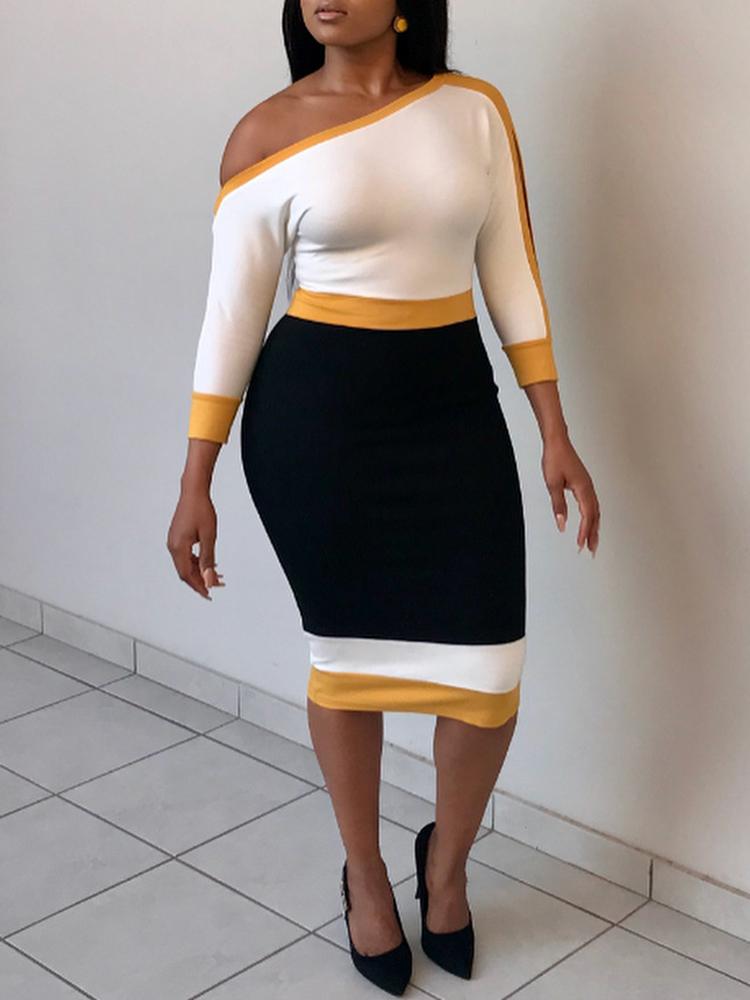 

Contrast Color Splicing Bodycon Dress, Beige