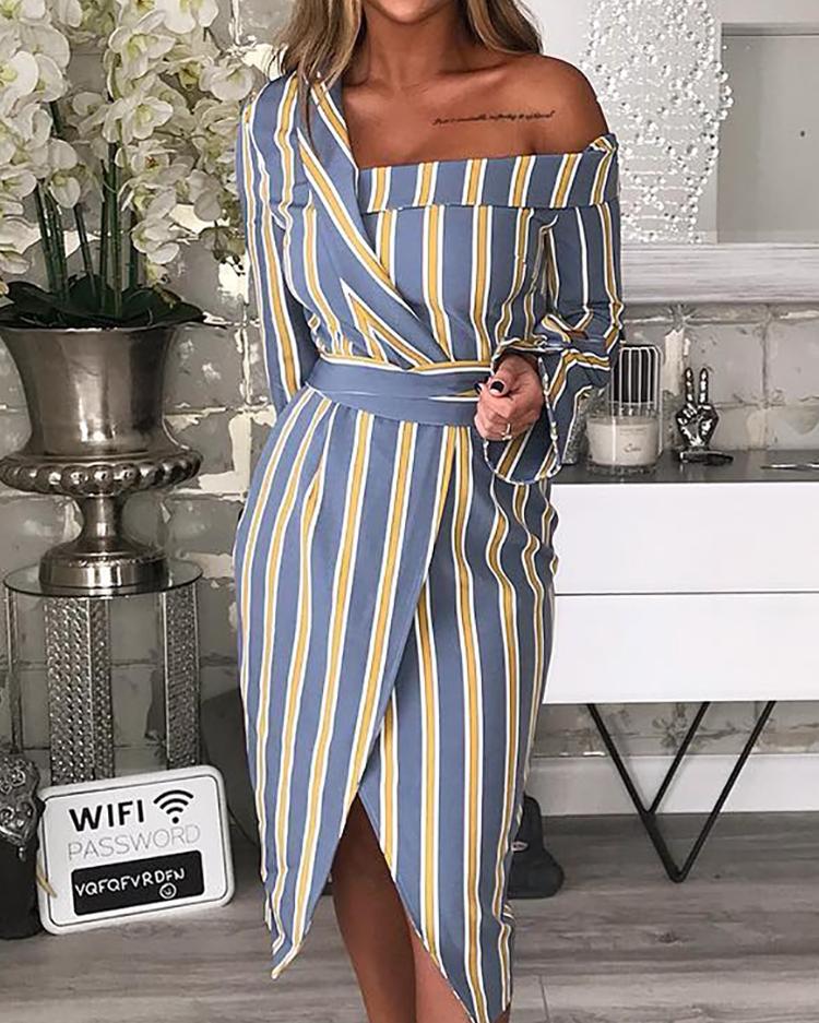 

Striped Irregular One Shoulder Shirt Dress, Multicolor