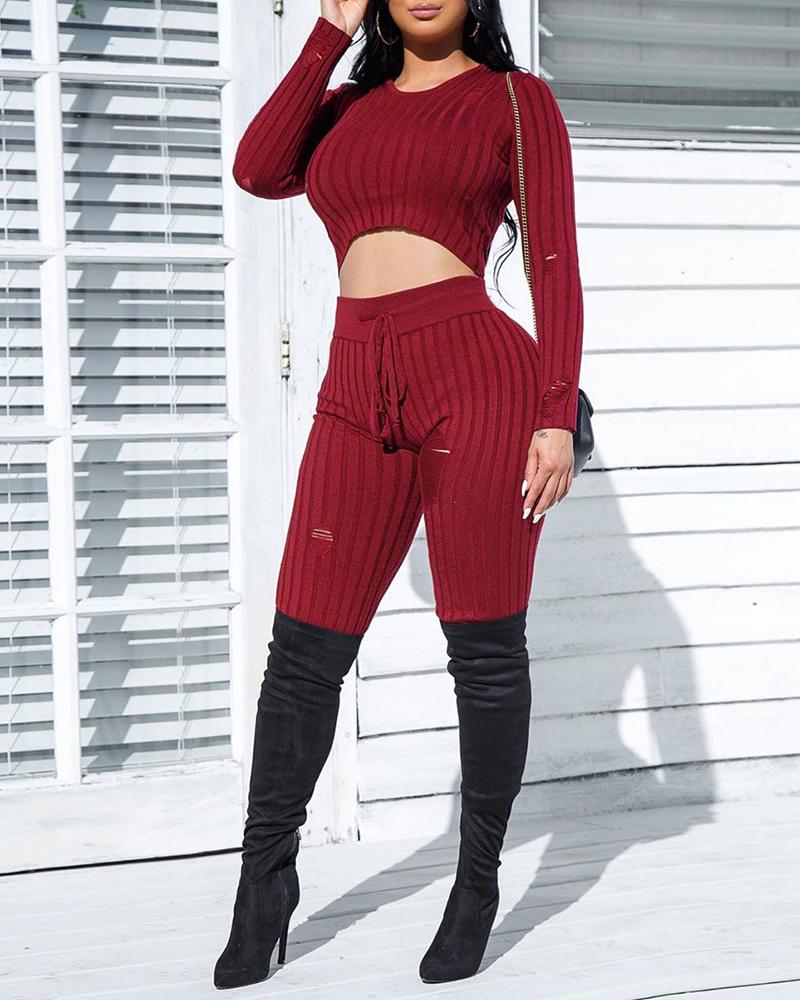 

Solid Long Sleeve Ribbed Top & Pants Set, Wine red